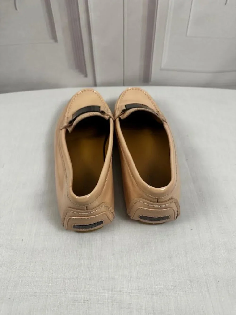 Calvin Klein Nude Patent Leather Loafers with Silver Hardware